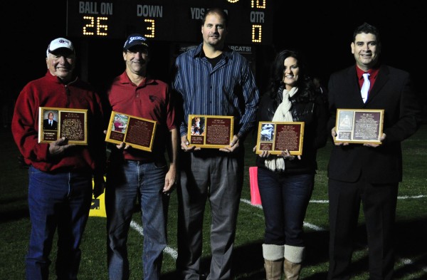 The Paso Robles High School Athletic Hall of Fame committee honored five former student-athletes on Friday night with their induction into the Bearcat Athletic Hall of Fame: Frank “Butch” Padilla (a friend is shown accepting award on Padilla’s behalf), Steve Hahn, Ray Robins, Samantha Scott Wolff and Beni Fernandez are pictured left to right.  Photo by Meagan Friberg.