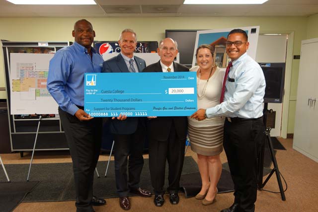 On Nov. 5, 2014, Cuesta College was presented with a $20,000 donation from PG&E intended to support student success. Left to right: PG&E Senior Governmental Relations representative John Shoals, PG&E Local Division Director Pat Mullen, Cuesta College Superintendent/President Gil Stork, PG&E Community Relations representative Lindsey Miller and Student Success Center Supervisor Luis Gonzalez.