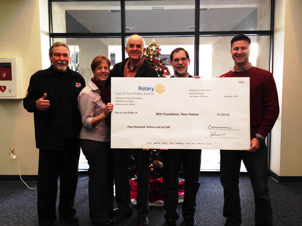 Rotary Club of Paso Robles Sunrise present a $5,000 donation to the REC Foundation.  REC Foundation Board members Steve Fleury and Pat Bland, Sunrise Rotary President Dan Meade and Board member Mike Gould, and REC Foundation President Brandon Medeiros