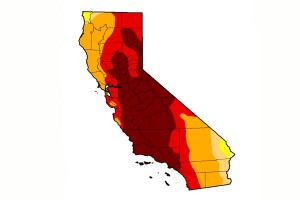 Drought conditions as of March 31, 2015, with the dark red areas indicating areas of "extreme drought."