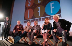 A photo from the Big Wednesday reunion: Greg MacGillivray, Gary Busey, Rick Dano, Denny Aaberg, Lee Purcell and William Katt (Darrell Fetty not in photo.) Courtesy of SLOIFF.