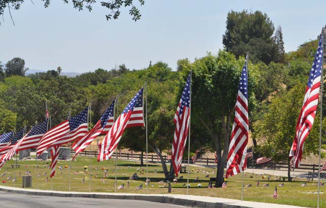 Flags lining the Avenue of the Flags along the Paso Robles Union Cemetery roadways led visitors to the annual Memorial Day ceremony to pay tribute to service members who died serving our country. The  flags had once  decorated caskets of their fallen soldiers had been donated to the cemetery by family members. Photo by Meagan Friberg
