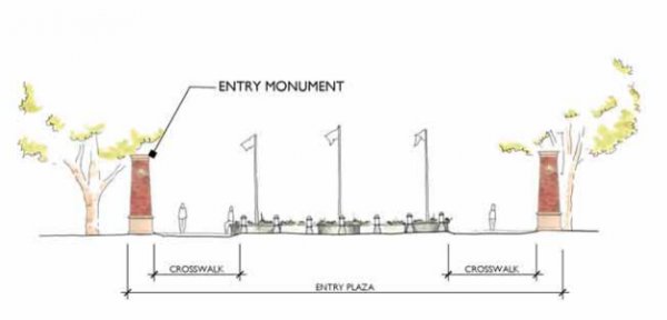 The plans for the entry plaza include two monuments that will reflect the character and style of the park. 