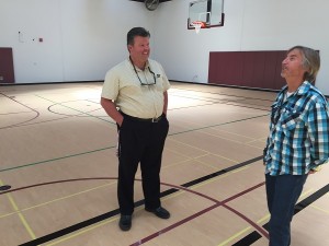 PRHS Principal Randy Nelson and District Construction Manager Joe Iffert talk in the new gym training facility that will be open before the 2015-16 school year.    Photo by Paula McCambridge
