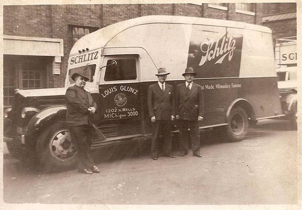 Louis Glunz II with Schlitz Truck circa the 1930's.
