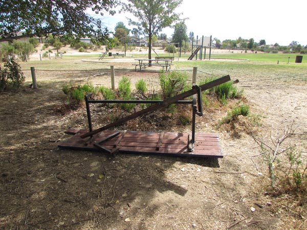 A destroyed picnic bench. 
