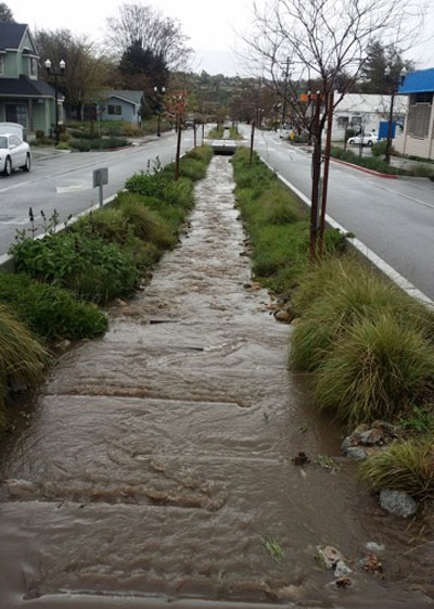 Storm runoff flowed through the center of 21st Street on Friday.