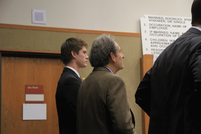 Bret Landon, far right, in court on March 16 with his attorney, Jeffery Stein, for another pre-pretrial hearing. Photo by Heather Young