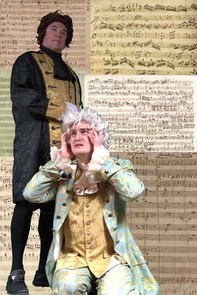 Salieri, played by John Laird, destroys Mozart, played by Ayrton Parham, leaving the musical genius destitute and on the verge of madness in Wine Country Theatre's production of Amadeus.