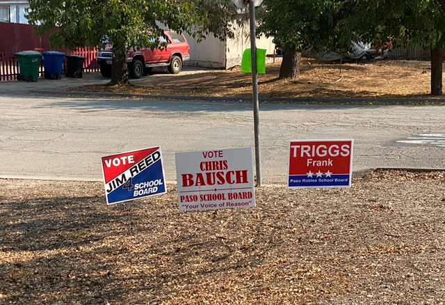Political signs along Vine Street support local school board candidates.