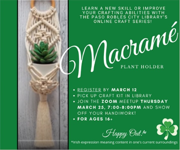 Library offering macramé plant holder craft class in March 
