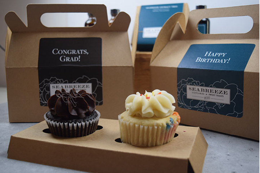 Custom packaging design for local business, SeaBreeze Cupcakes & Sweet Treats.