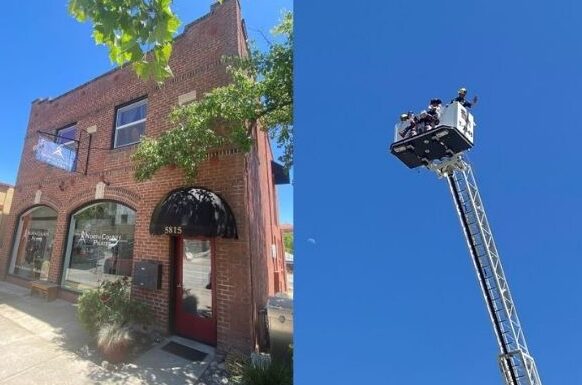 historic firehouse location and Fire fighters up ladder