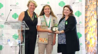 SCCC CEO Tammie Helmuth, Girl Scout of the Year Veronica Vetter, and Board Chair Raina Knapp