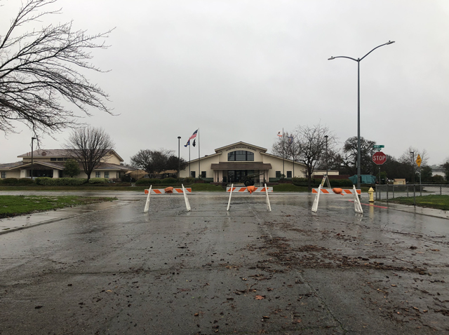 Scott Road in front of the Paso Robles Veterans Memorial building and senior center is closed.