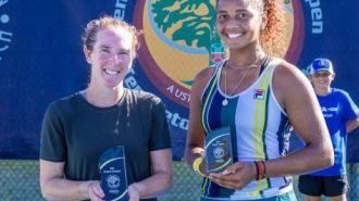 Last year's singles champion Madison Brengle, at left, with finalist Robin Montgomery.