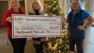 Photo attached - caption: Lisa Majors, Founder, President, Chaplain and Life Coach, and Melodie Jordan, Community Chaplain and Mending the Soul Facilitator of Resilient Souls gratefully accept the heartfelt donation of $1,003 from Joyce Rabellino, President of the Atascadero Community Band. This donation is possible as a result of the generosity by the incredible audience at the 2023 Holiday concert.